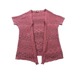 Cloudchaser Women Burgundy Pointelle Knit Open Front Short Sleeve Cardigan L